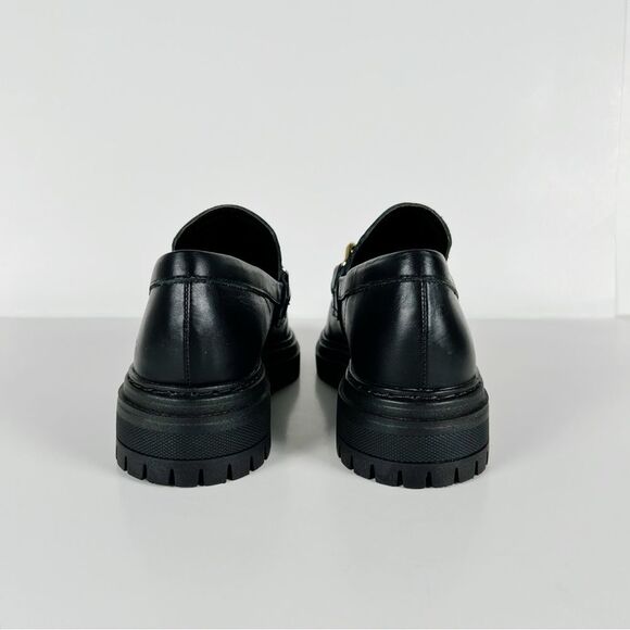 Anthropologie Black Leather Lug Sole Platform Loafers With Gold Chain Size 6 - Picture 6 of 10